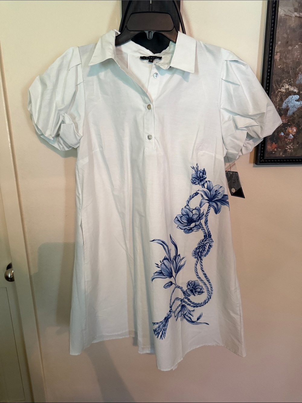 1.STATE NWT White Blue Floral Puff Sleeve Mini Shirt Dress
